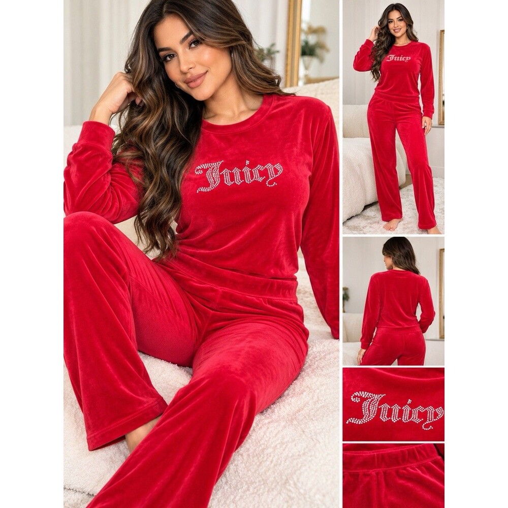 Juicy Couture Women’s Red Velour Rhinestone Logo 2-Piece Tracksuit Set Y2K